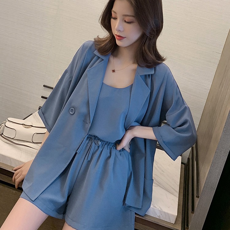 Fat mm Fashion Spring and Summer Three-Piece Set for Women 2026 New Korean Style Casual Blazer + Suspenders + High-Waisted Shorts Set