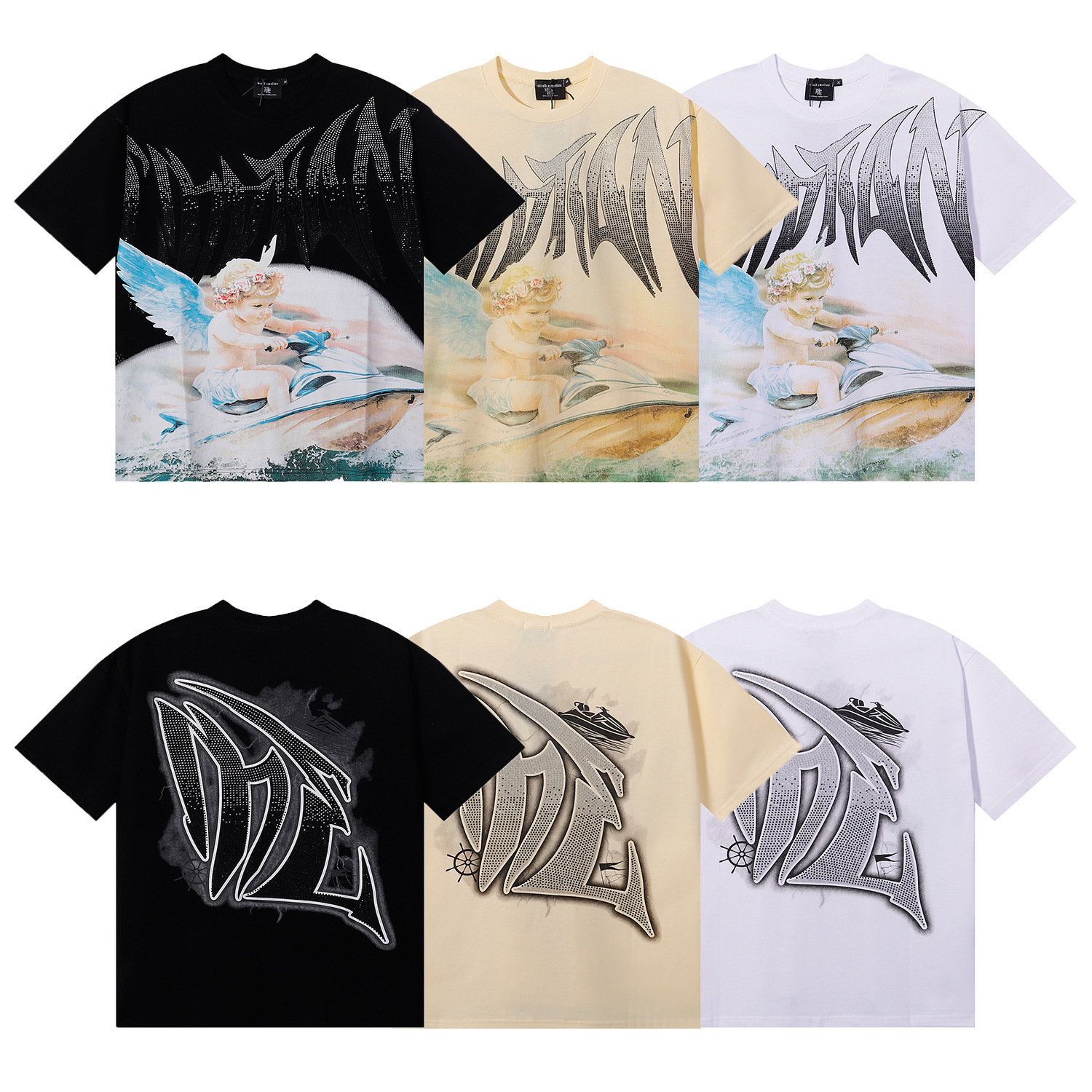 American Fashion Mixed Emotion Jetski' Rhinestone Hot Diamond High Quality Casual Short-Sleeved T-Shirt for Men