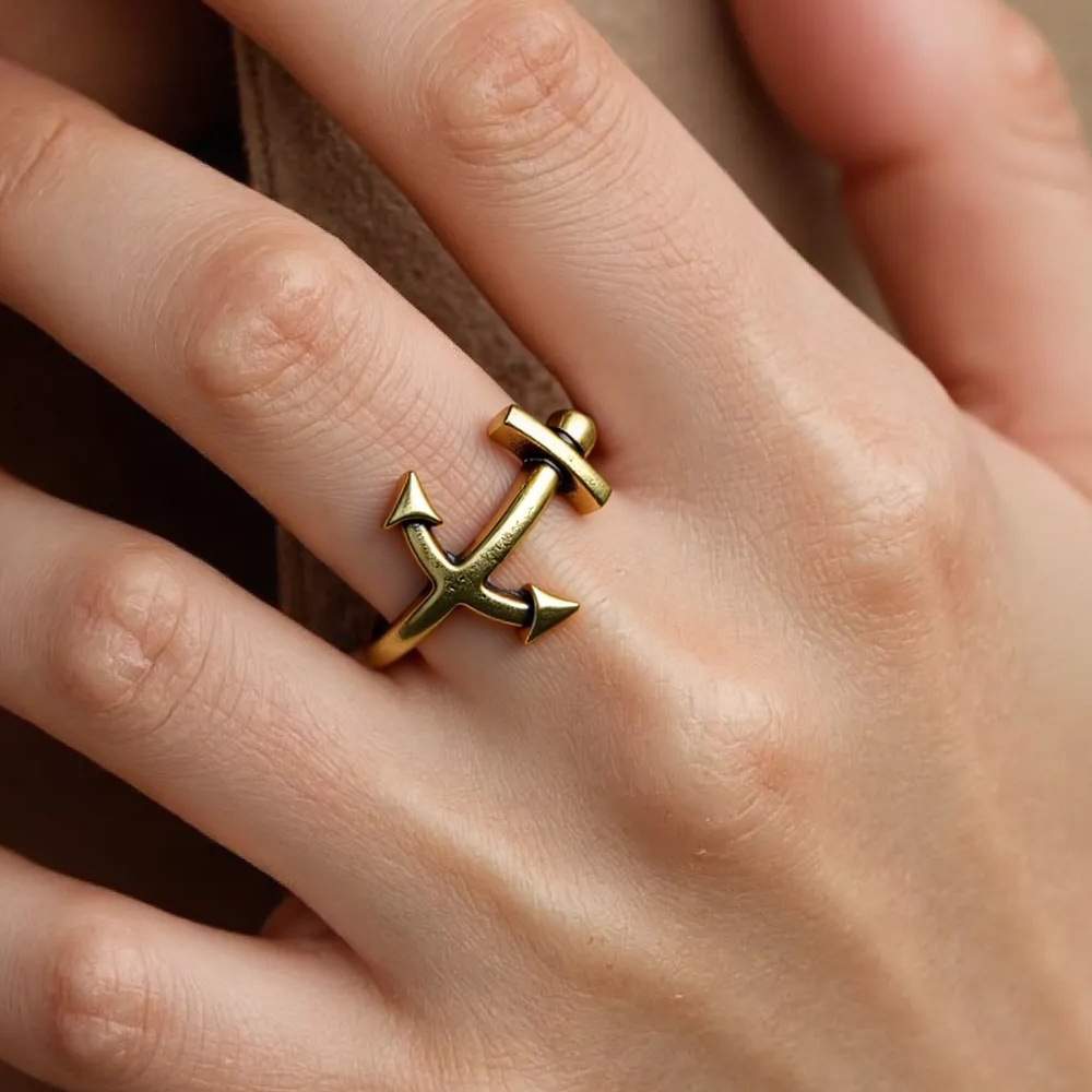 Cross-Border Accessories, Vintage Distressed Style, European and American Style Anchor Ring, Unisex, Simple Gold-Plated Ring for Stacking