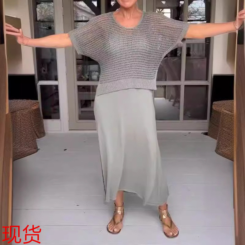 Cross-border New Rack Knitted Empty Dress suit Casual Solid Color Round Neck Knitted Sweater European and American Style dress suit