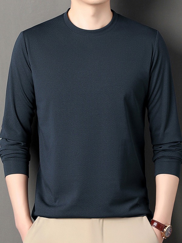 Waffles Long-sleeved T-shirt Men's Spring and Autumn New Solid Color Round Neck Casual All-match Sweater Simple Base Shirt for Men
