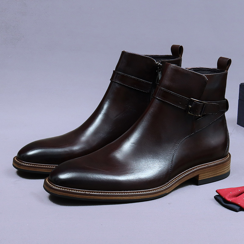 New Handmade Shoes, High-End British Cowhide Zipper Buckle Chelsea Boots, Men's Trendy Genuine Leather Boots, High-Top Short Boots