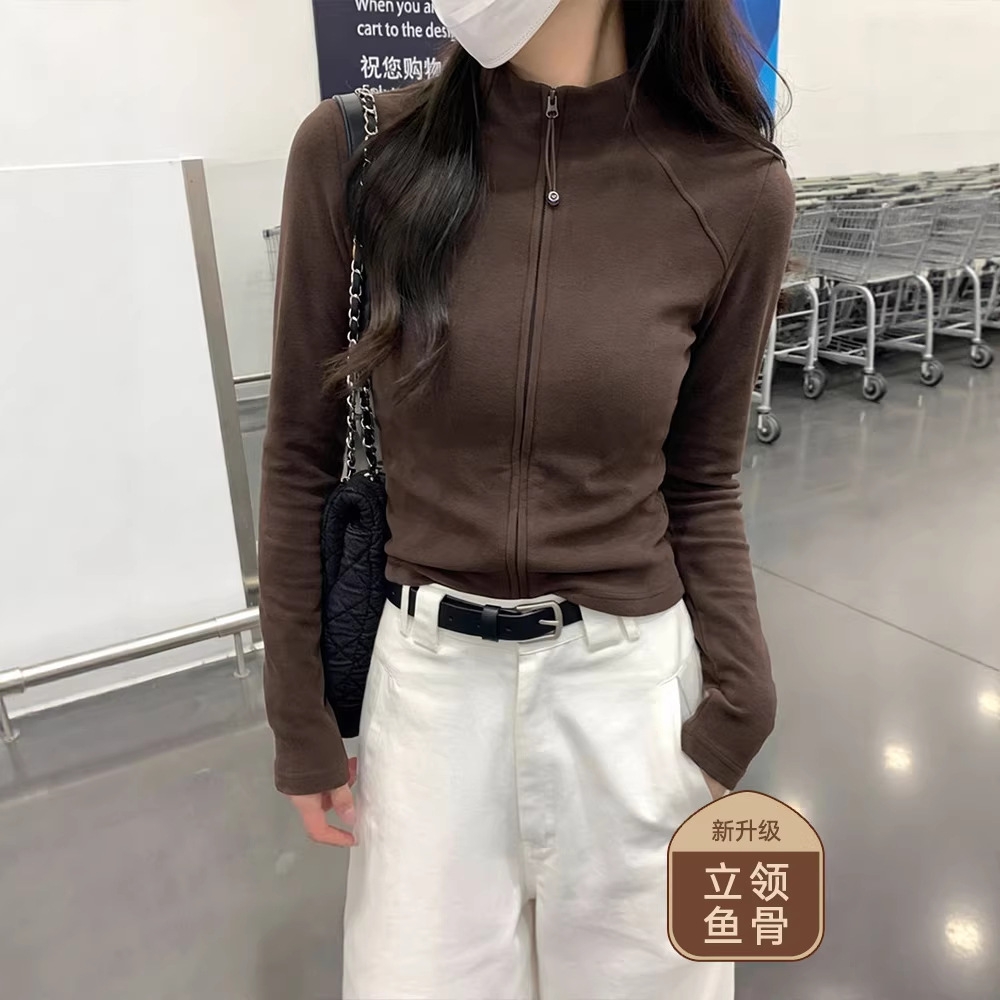 Coffee-Colored Long-Sleeve Top for Women, Autumn and Winter, Slim Fit, Regular Shoulder, Fleece-Lined, Thick, Half-High Collar, Thermal Base Layer