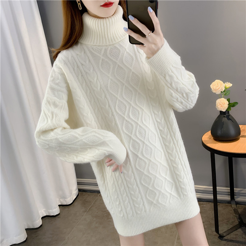 Women's twist turtleneck sweater autumn and winter 2023 new thickened loose lazy style large knitted bottoming shirt sweater dress