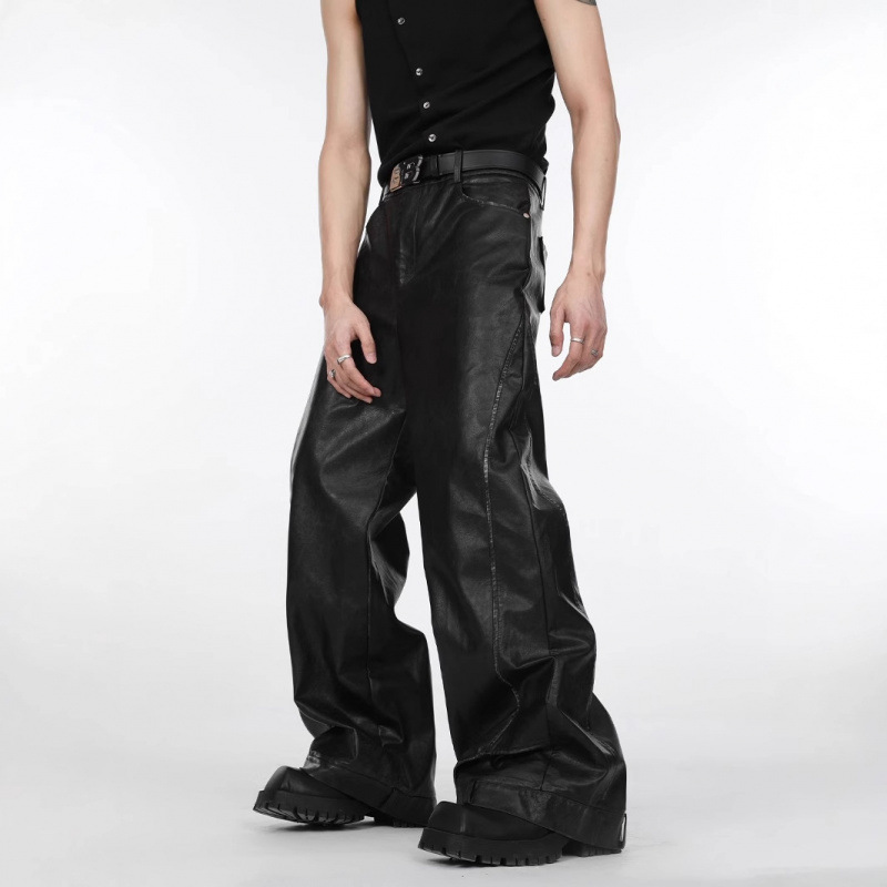 2025 New Niche Deconstructed Three-Dimensional Black Leather Pants for Men, Loose Straight Casual Long Pants with a Vintage Wash and Floor-Length Design