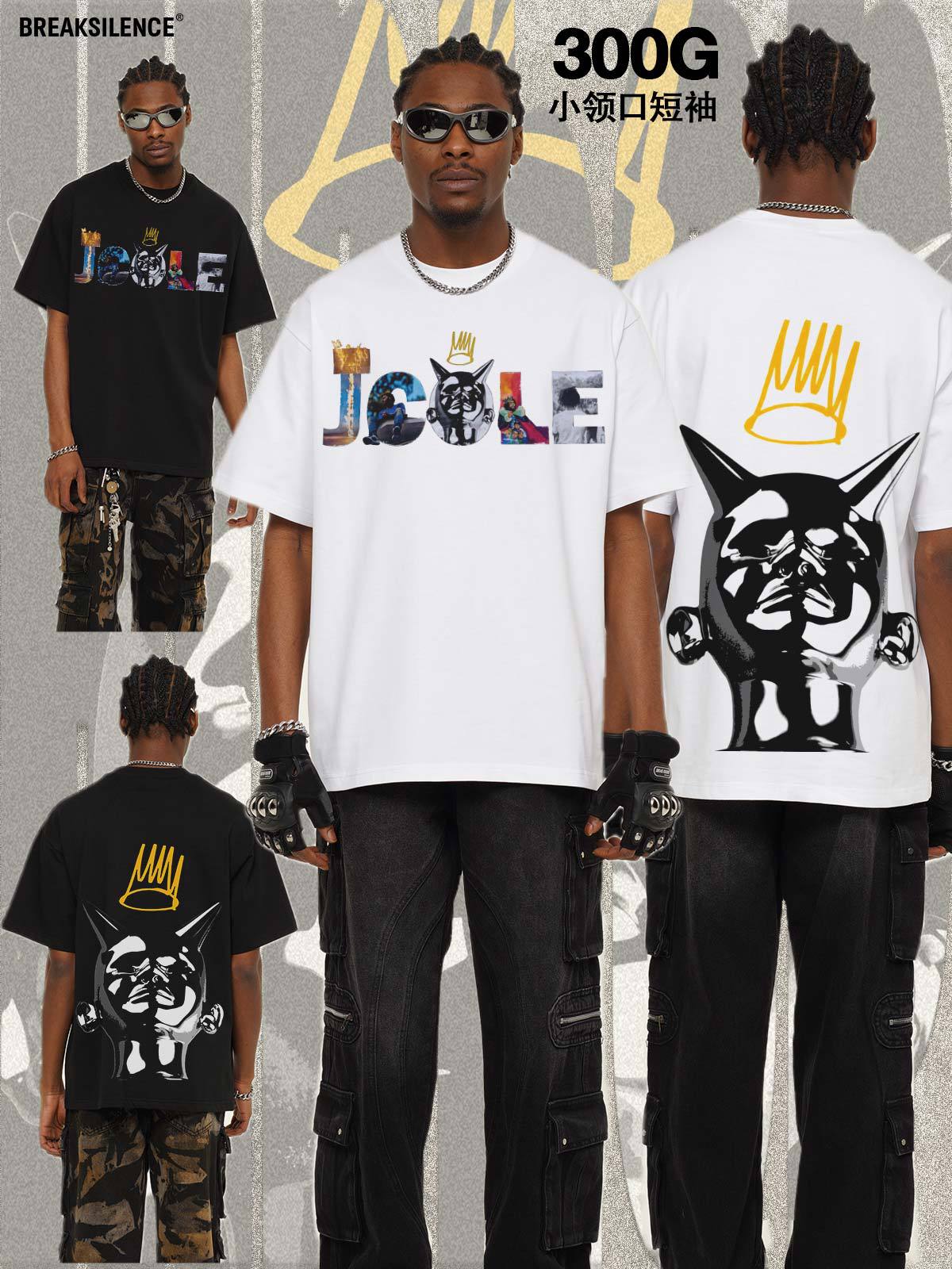 2025 Cross-Border J.Cole Summer American Retro Pure Cotton Off-Shoulder Short-Sleeved Men's American High Street Washed Distressed T-Shirt