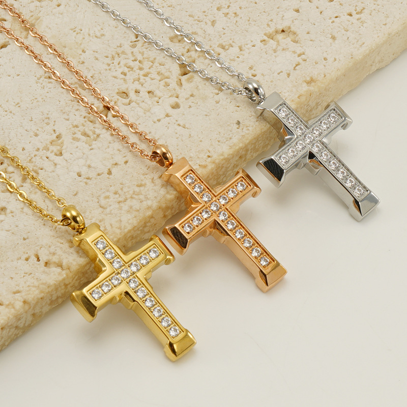 Cross-border Stainless Steel Fashion Simple Style European and American Cross Diamond Necklace Titanium Steel Internet Celebrity Instagram Style Necklace for Women