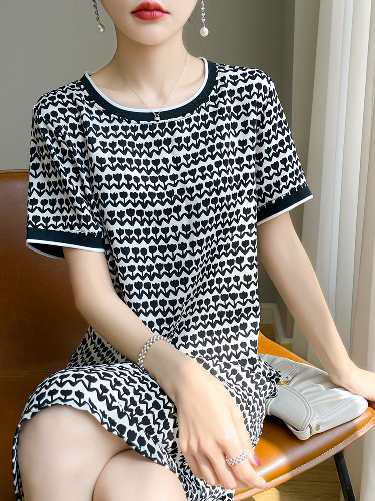 Mulberry Silk Short-sleeved Printed Over-the-knee Long Skirt Summer New Half-sleeved Silk T-shirt Silk Satin Dress