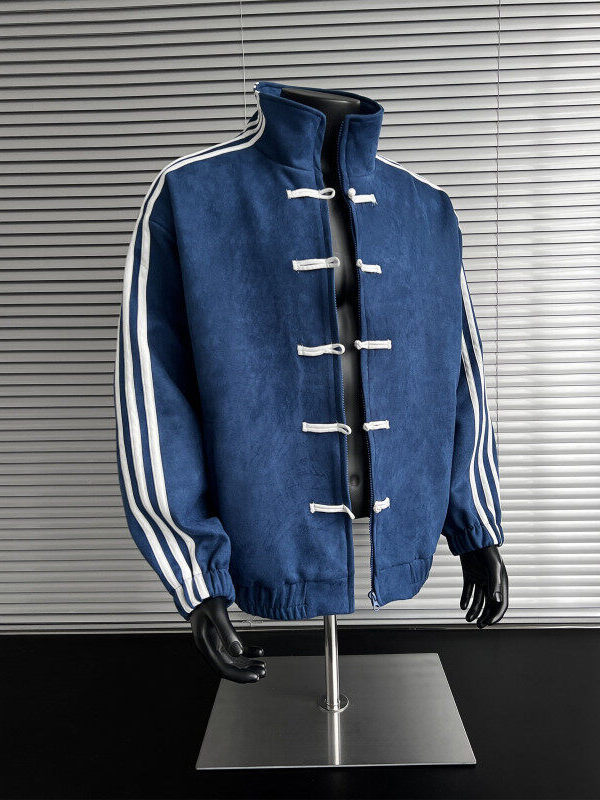 Blue and White Spliced ​​Three-Stripe Stand-Up Collar Jacket for Men in Autum, New Chinese Style Buttoned High-End Tang Suit Top QC 写真 1688 Qualit.ly