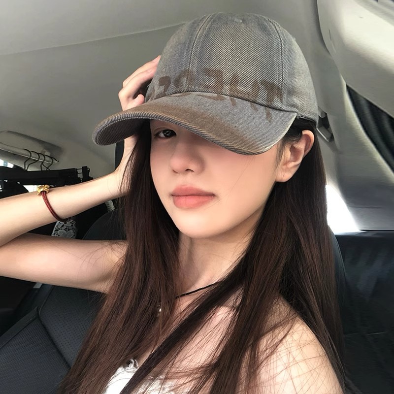 American-style Washed Old Letter Baseball Cap Women's Retro Big-head Caps for Face Small Wide Brim Soft Top Hat