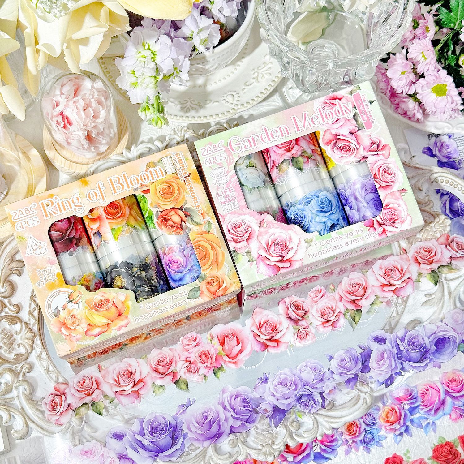 Zabc Cross-Border Flower Sea Gentle Series Boxed Tape Tape Set Box Handbook Decoration Collage Material Diy2 Styles