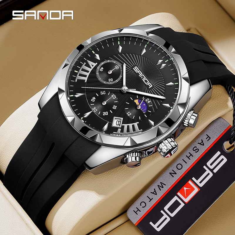 Sanda Business Watch Small Three-Hand Fashion Men's Quartz Watch Silicone Waterproof Chronograph Luminous Steel Band Men's Watch