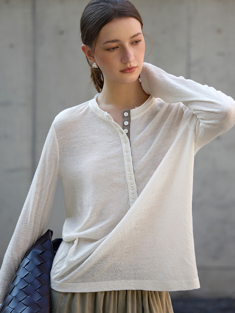 Old Money Style Pure Wool Jacquard Long-Sleeve Knit Top for Women, Spring Half-Open Collar Blouse, T-Shirt, Color-Blocked Thin Base Shirt