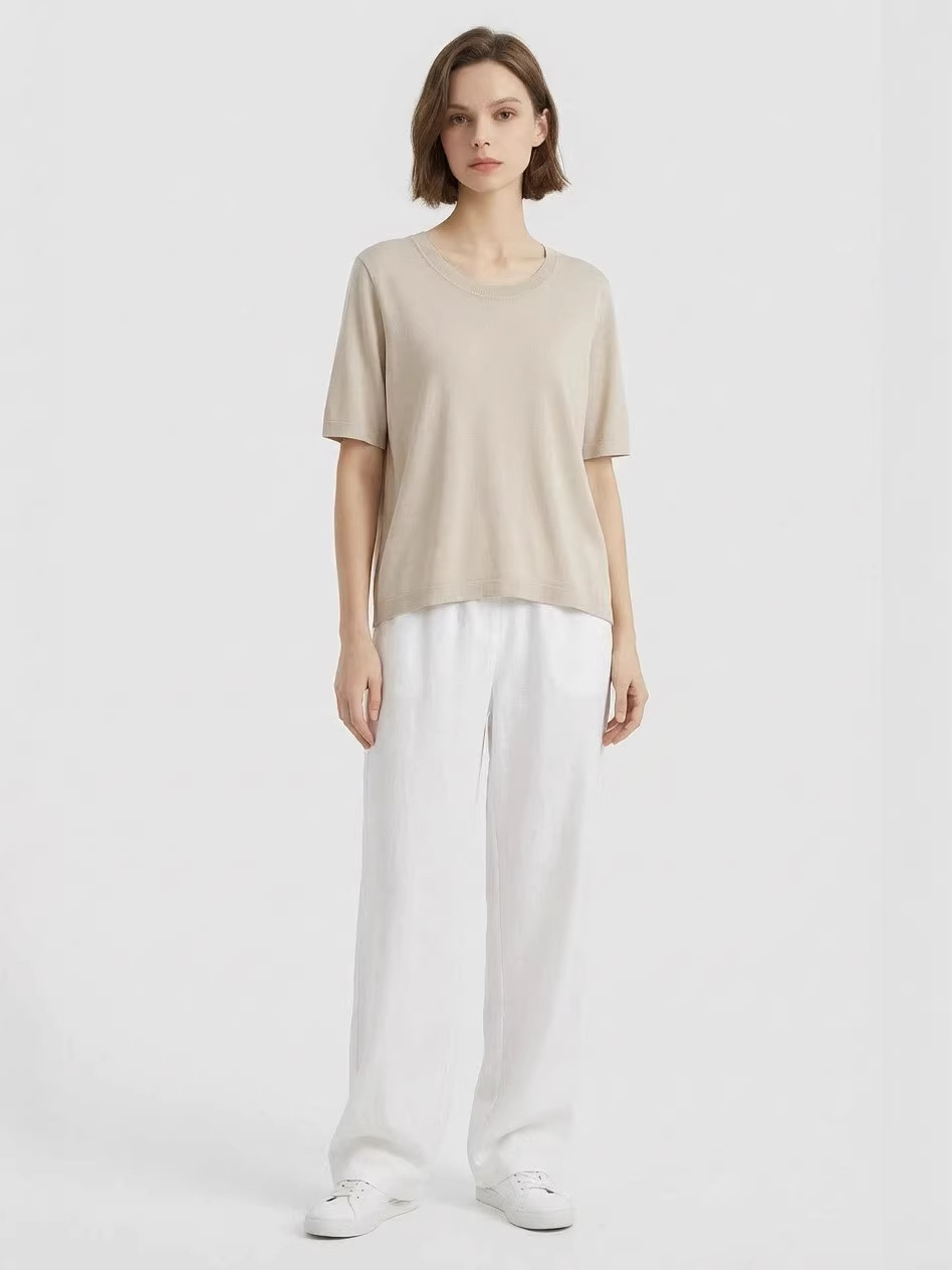 Xiaohe's Same Style U-Neck Tencel Silk Short-Sleeve Knit Top for Women, New Summer Lightweight Breathable Versatile Top