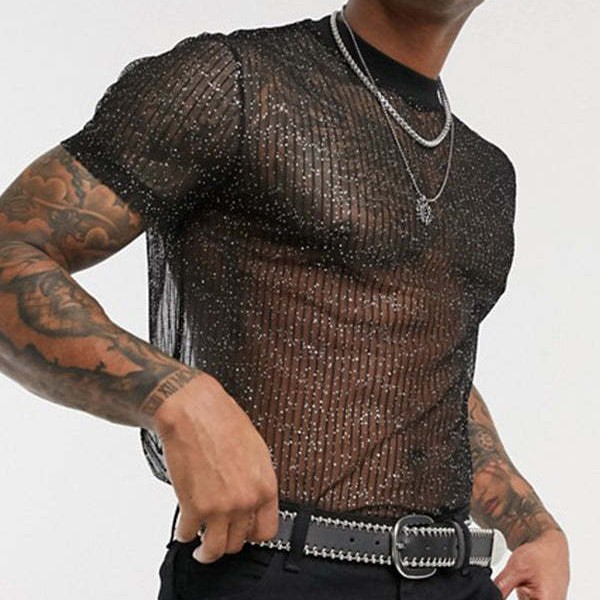 AliExpress Perspective Thin Fashion Club Party Base Shirt European and American Men's Mesh Sexy Men's T-Shirt E772