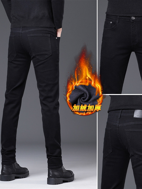 Factory Direct Sales Autumn and Winter New Pure Black Fleece-Lined Jeans for Men, Slim Fit, Stretchy, Thickened, Warm Skinny Pants