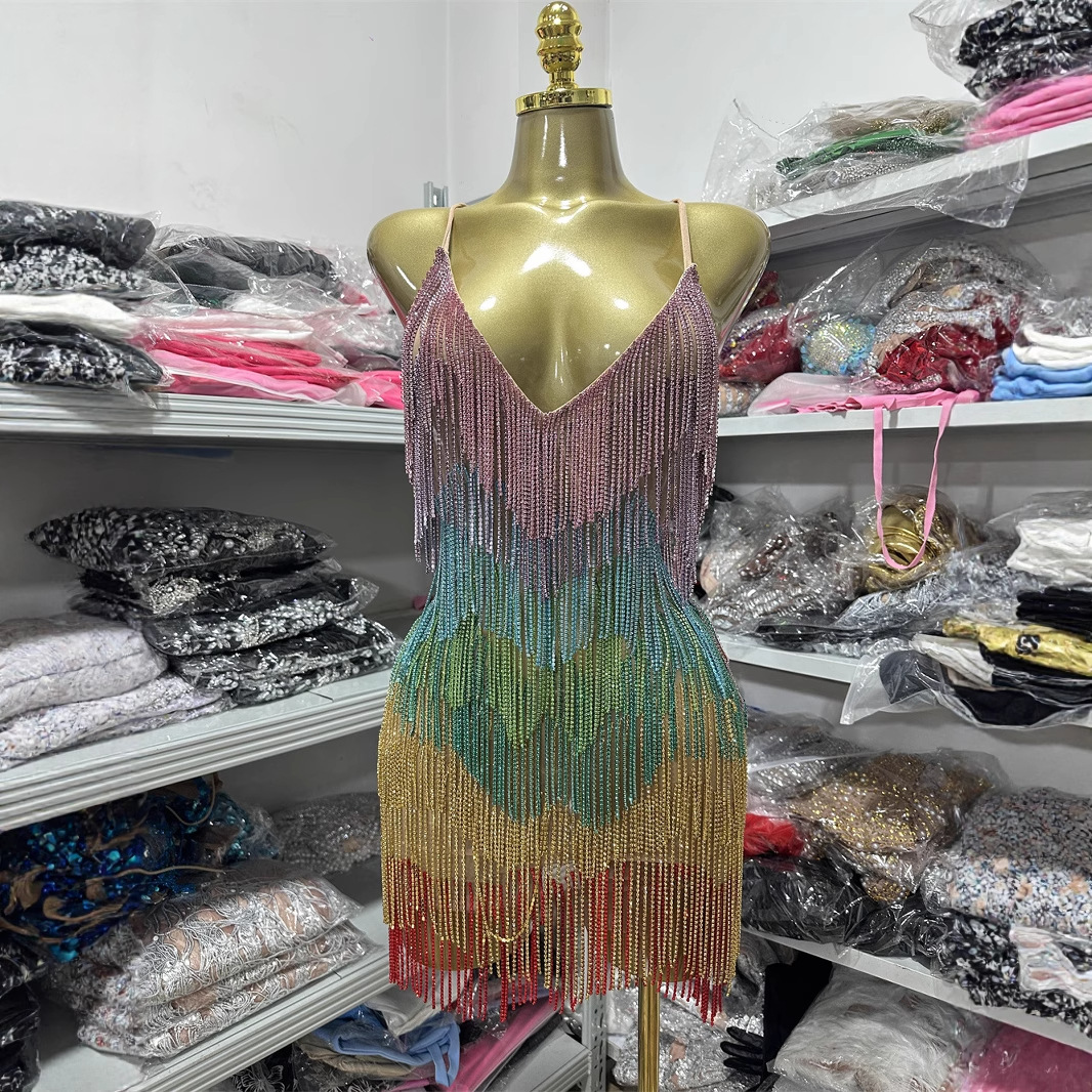 New Fashion Backless V Sling Color Diamond Tassel Slim Tight Mini Party Party Dress
