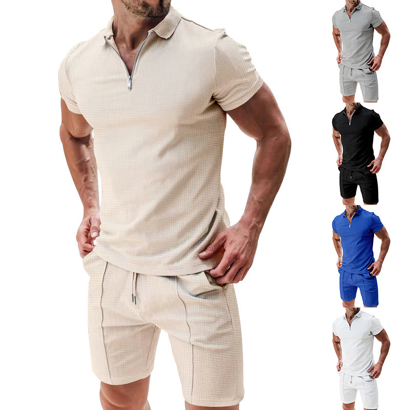 European and American men's short sleeve shorts casual suit summer waffle solid color light version loose lapel T-shirt suit men's T