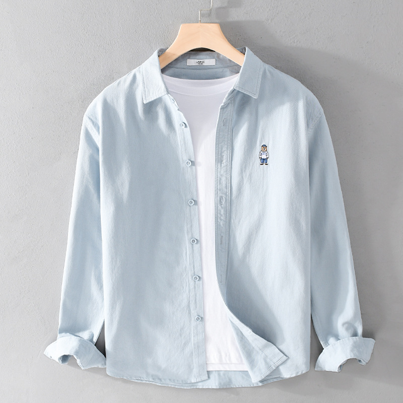 Men's Spring and Autumn Casual Pure Cotton Long-Sleeved Shirt, Simple and Versatile, Bear Embroidery, Trendy Loose Shirt for Men 9634
