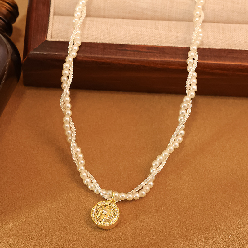 Real Gold Electroplated Zircon Star Wound Pearl Necklace French Retro Elegant Clavicle Chain Fashion Niche Women's Necklace