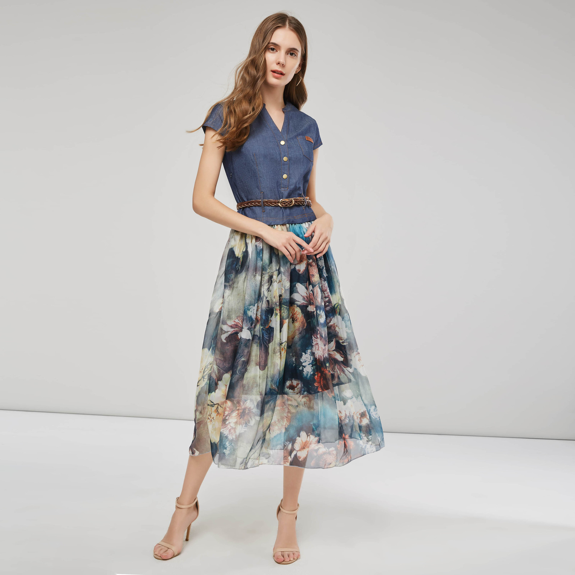 Amazon Denim Printed Dress 2025 Summer V Neck Slim Fit Women's Long Dress Smrs2987