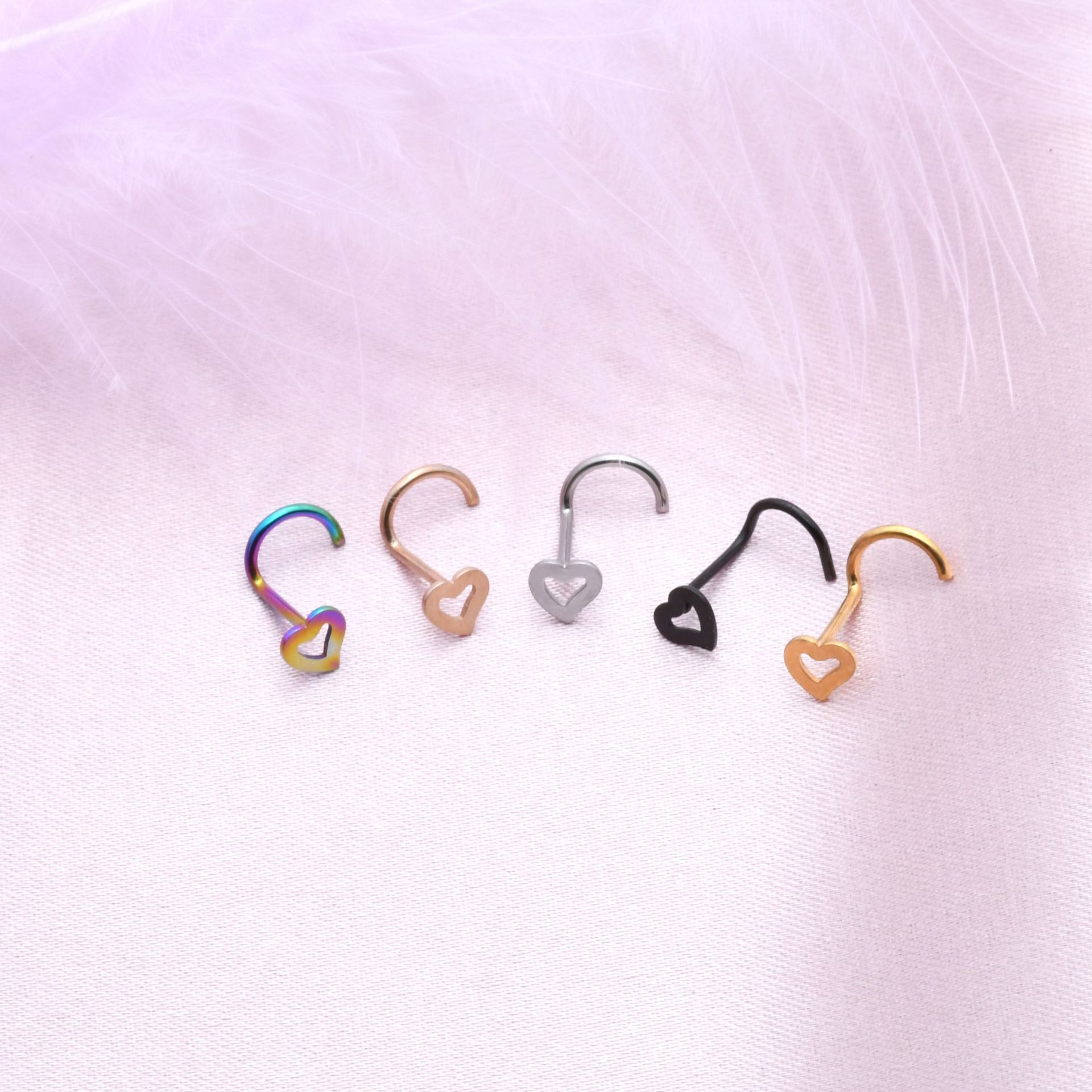 Wholesale Heart-Shaped Curved Hook 5-Shaped Nose Stud Stainless Steel Hollow Heart Nose Ring Body Piercing Jewelry Factory Fashion
