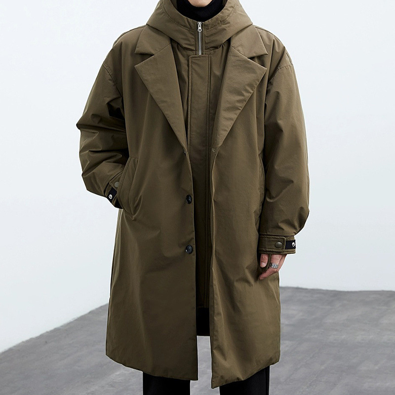 2024 Winter New Korean Style Men's Trendy Faux Two-Piece Hooded Mid-Length Parka Coat