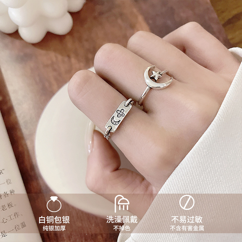 Ins Star Moon Ring No Fading Design Sense South Korea Jewelry Women's Thai Silver Ring Niche Sterling Silver Ring Wholesale