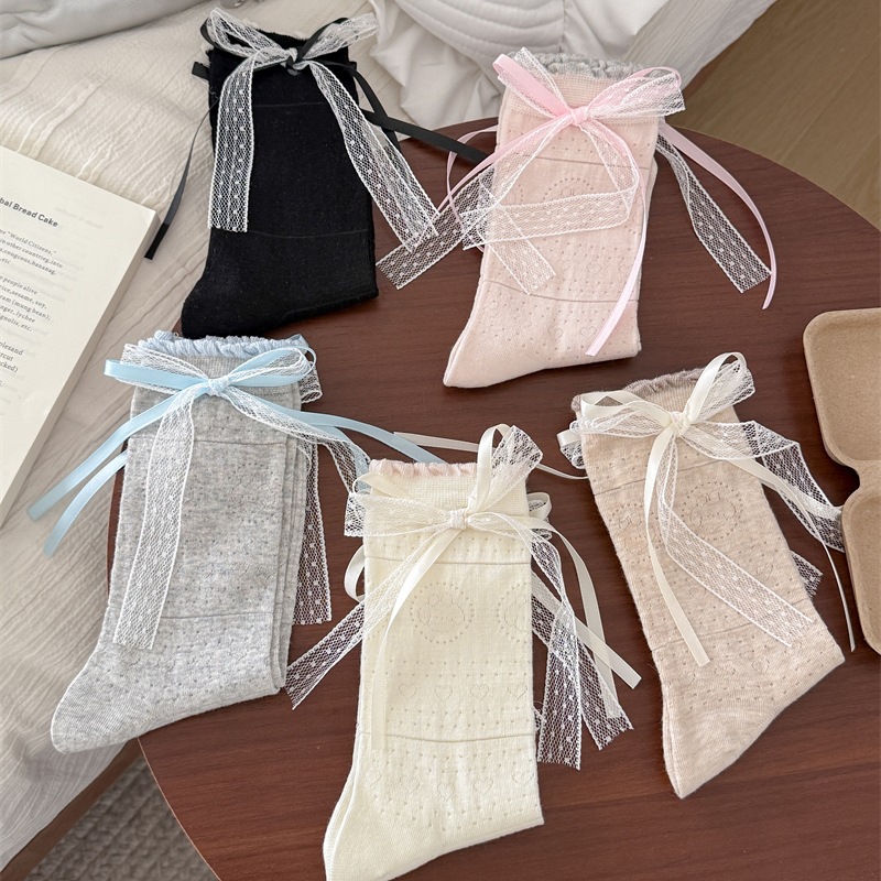 Ballet-Style Lace Bow Socks for Women, Mid-Calf Socks, Spring and Summer Thin Mesh Breathable Lace White Stacked Long Socks