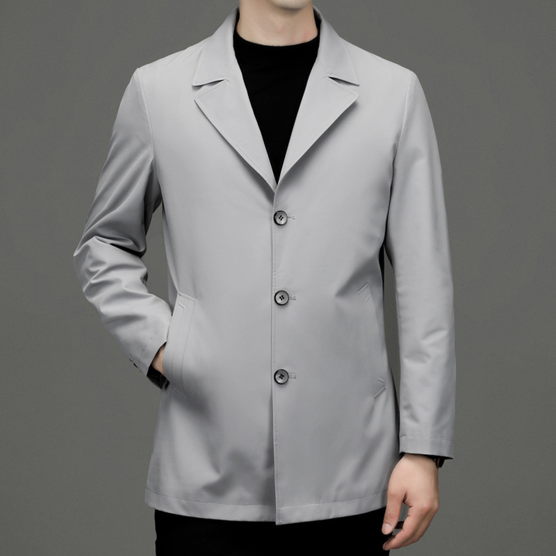 2024 Autumn New Style Light Business Casual Windbreaker with Turn-Down Collar, Mid-Length Coat for Young and Middle-Aged Men, Single-Breasted Jacket