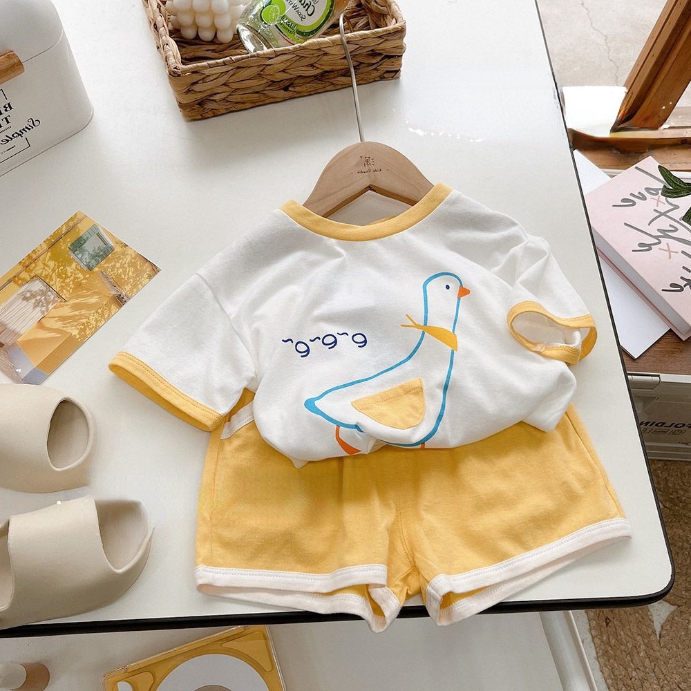 Boys and Girls Summer suit Baby Western Style Children's Personality Trendy Korean Color-block Cartoon T-shirt Shorts Sports Internet Celebrant