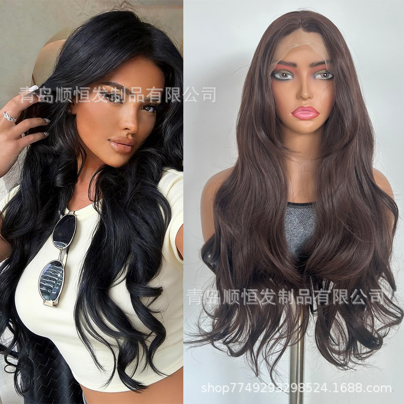 Cross-Border Synthetic Hair Wigs for Women, Middle Parting, Long Curly Hair with Front Lace, Hand-Crocheted Large Waves, Factory Wholesale