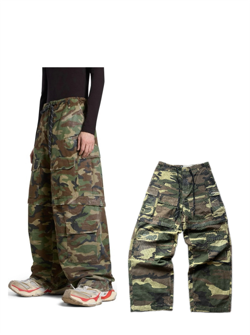 Blcg Paris Heavy Industry Distressed Army Green Camouflage Cargo Loose Overalls Detachable Multi-Pocket Men's and Women's Trousers