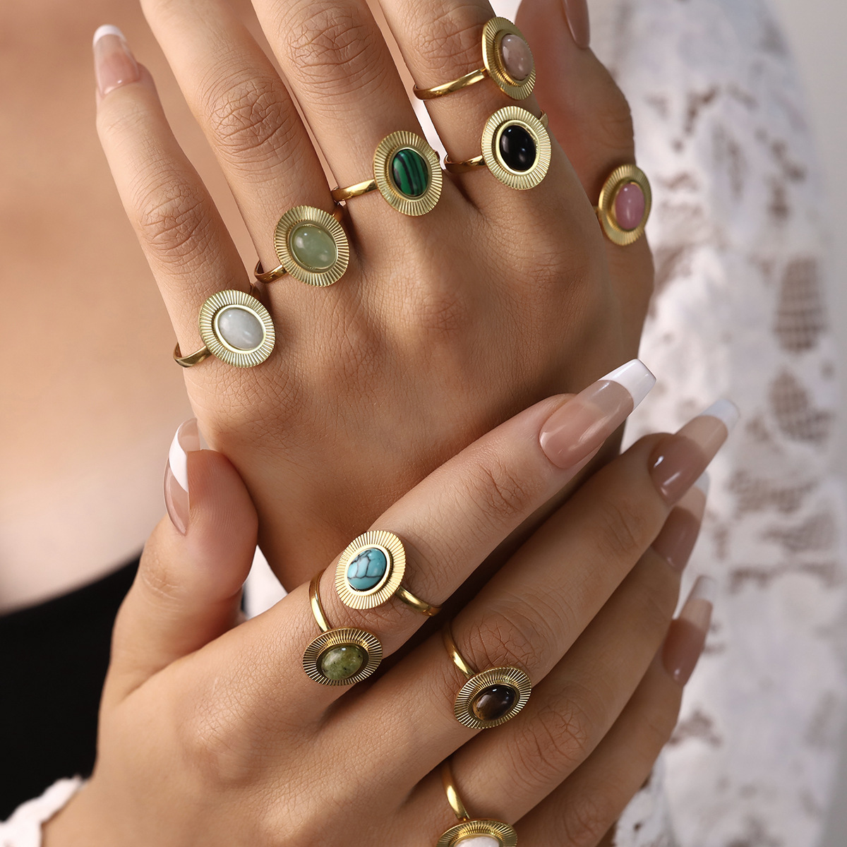 European and American Cross-Border Ins Retro Style Oval Natural Stone Ring 18K Gold Stainless Steel Adjustable Open Ring Jewelry