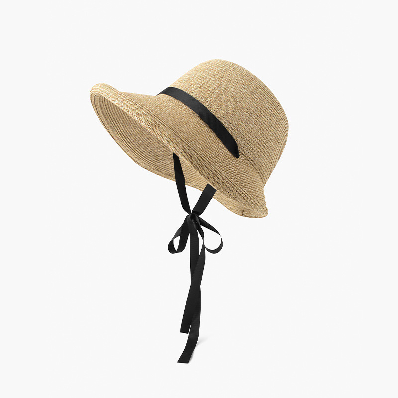 Hepburn Style French Straw Hat Women's Summer Sun Protection Sun Hat Design Sense Foldable Seaside Holiday Strap Sun Hat