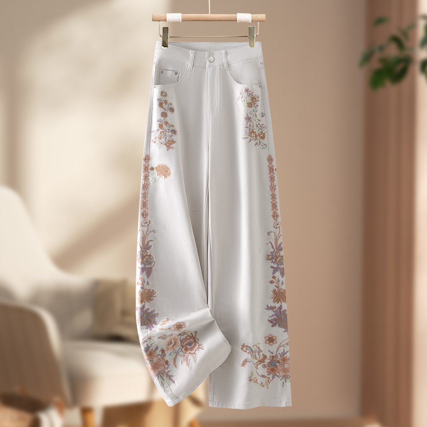 New Chinese-Style Embroidered Thin Denim Wide-Leg Pants for Women, 2026 Summer New Style, Drapey Loose Fit, Slimming Cropped Pants