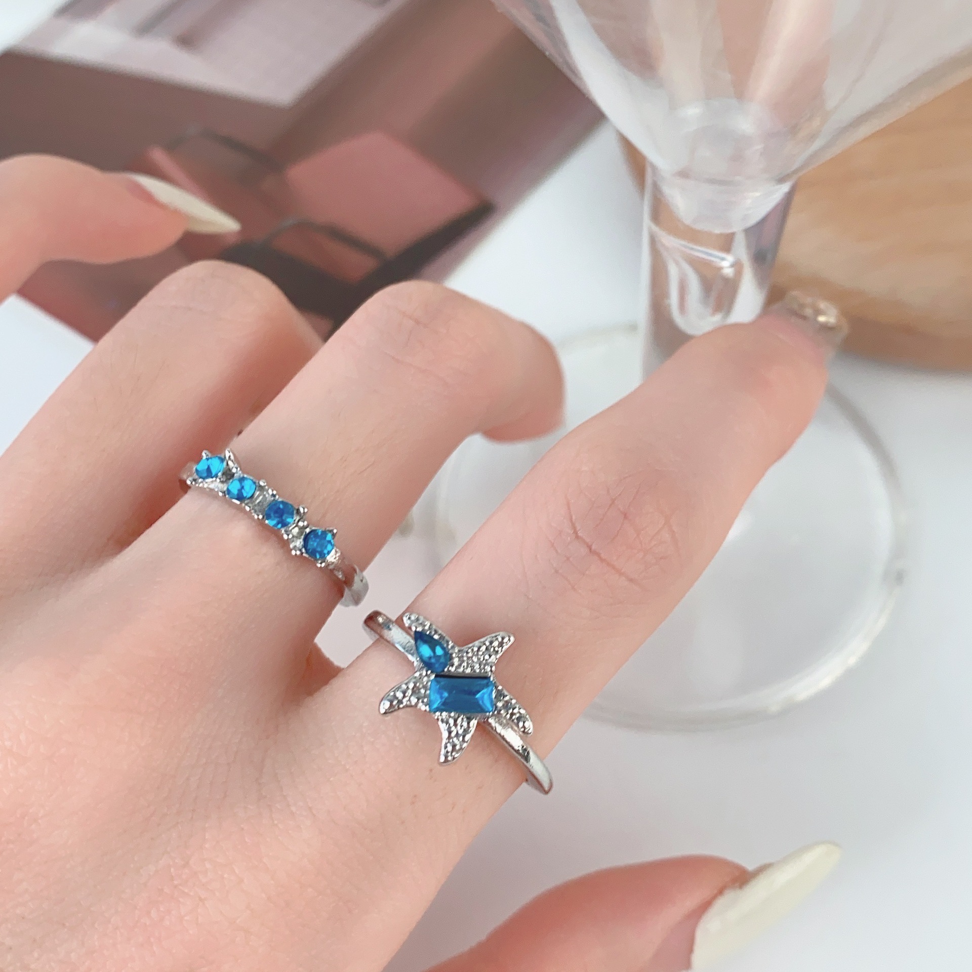 Blue Star Zircon Ring for Women, Light Luxury Niche High-End Style Index Finger Ring, Fashionable and Unique, Stackable and Adjustable Ring