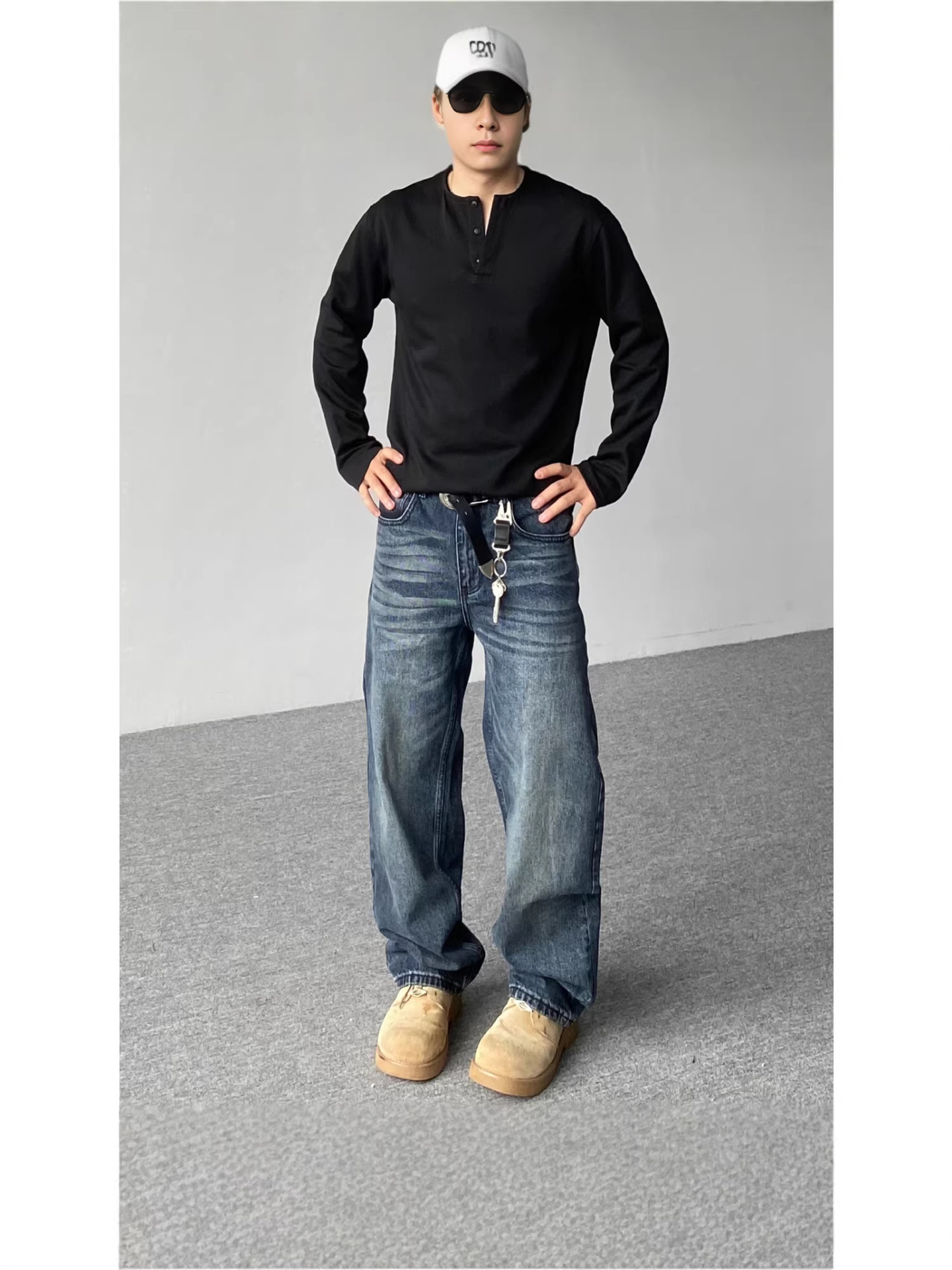 Men's Flared Jeans American Retro Washed Whiskered Jeans Unisex Loose Flared Denim Casual Long Pants Trendy