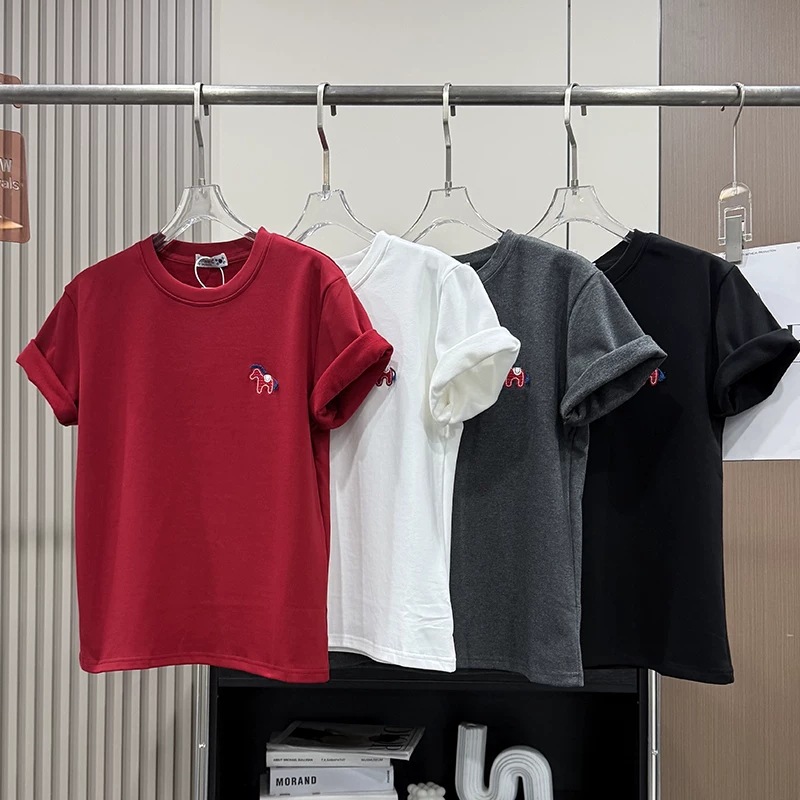Great Offering for the Year of the Horse~ Spring Cartoon Pony Embroidery American-Style Stretchy Simple Round-Neck Women's Short-Sleeve T-Shirt