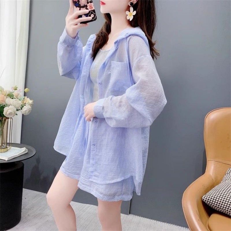 Hooded Sun Protection Jacket, Lazy Style Long-Sleeved Blue Shirt, Two-Piece Set, Summer Pullover Thin Shirt, Wide-Leg Shorts