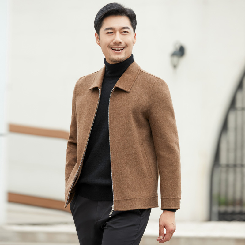 2024 New Autumn and Winter Double-Sided Wool Outwear Men's Zipper Outwear Middle-Aged Business Short Lapel Woolen Jacket