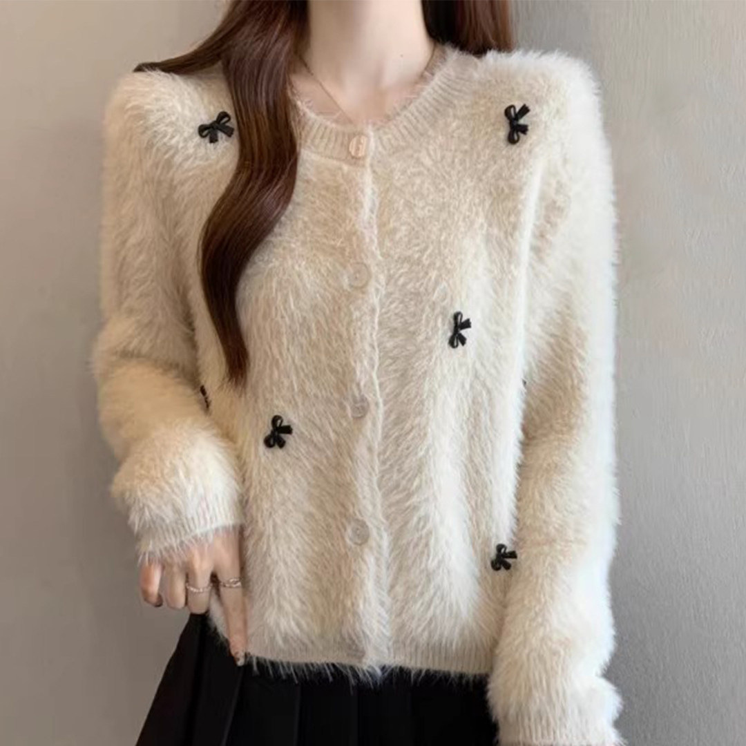 Bowknot Mink Fur Shoulder-Length Sweater Coat for Women 2025 Autumn and Winter New Plus-Size Mohair Knit Cardigan