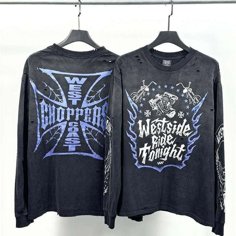 West Coast Purple Flame Motorcycle Retro Distressed Washed Hole American Fashion Spring and Autumn Loose Casual Long Sleeve T-Shirt for Men