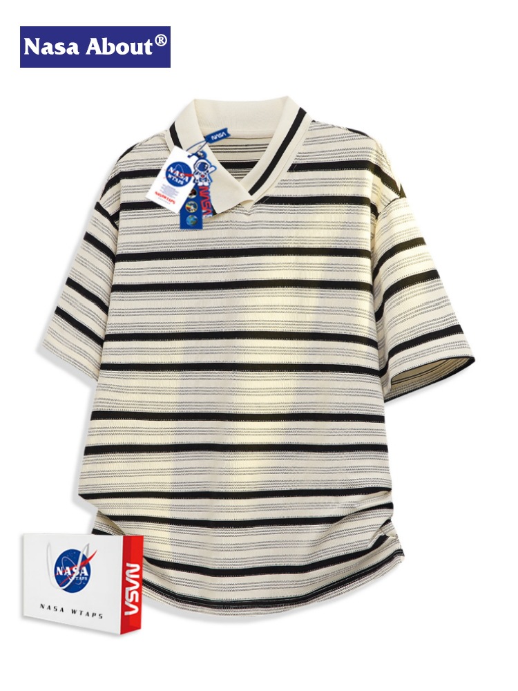 Nasa about Striped Short-Sleeve Polo Shirt for Men, Summer Trendy American Style Clothing, Loose Fit for Teenagers, Heavyweight Half-Sleeve