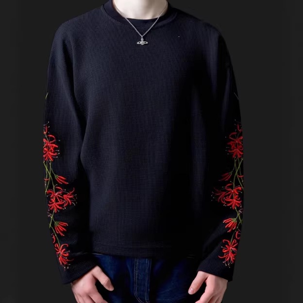 Y2K European and American Dark Style Spring New Floral Embroidered Long-Sleeved T-Shirts for Men and Women, Loose Round Neck Tops Wholesale