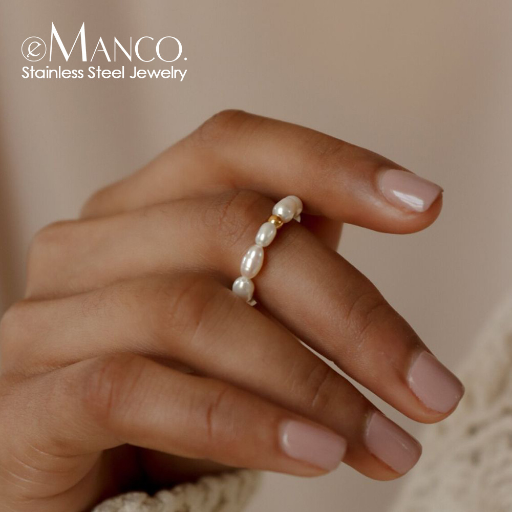 eManco temperament Korean style pearl ring ins style oval pearl ring titanium steel jewelry ring wholesale