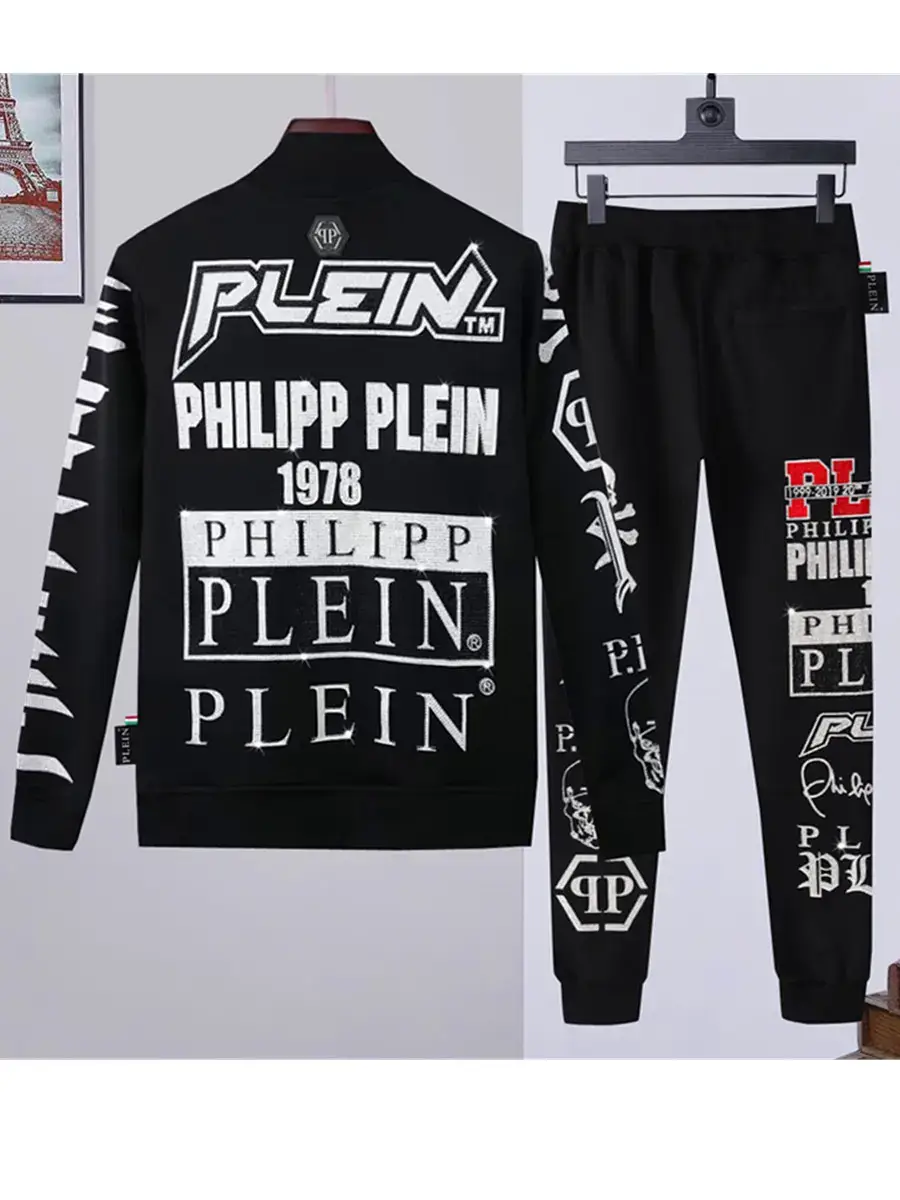 Fall and winter New arrival Trendy Pp Heavy Industry letter Creative Hot Diamond Suit Men Stand Collar Cardigan Casual Sports Two-Piece Set