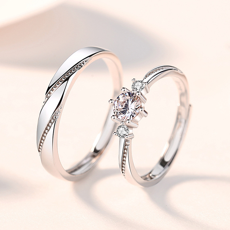 Love at First Sight Couple Rings, Niche High-End Feel, Fresh Open-Ended Rings, Fashionable and Simple Copper Zircon Couple Rings