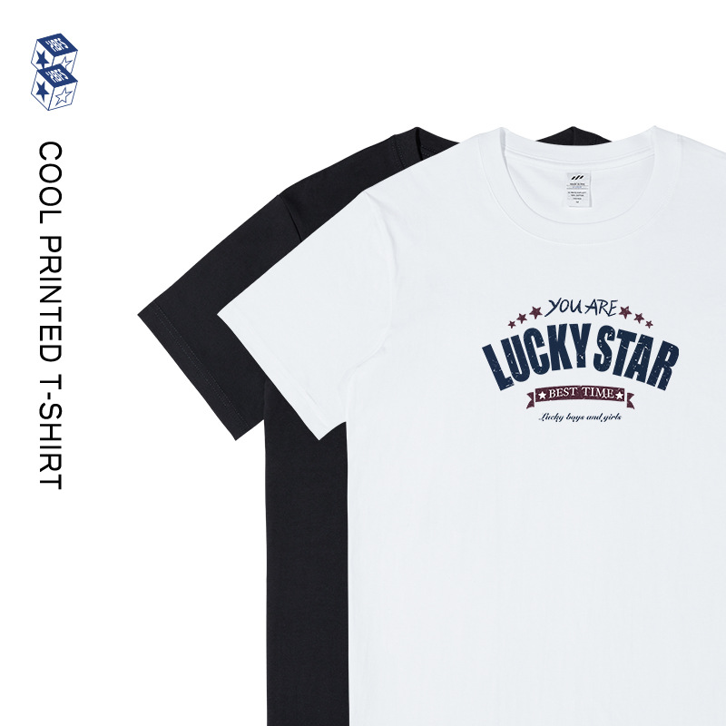 Men's Pure Cotton Heavyweight Short-Sleeve T-Shirt, Printed Summer American Retro Hong Kong Style Ins Trendy Brand Tee Shirt