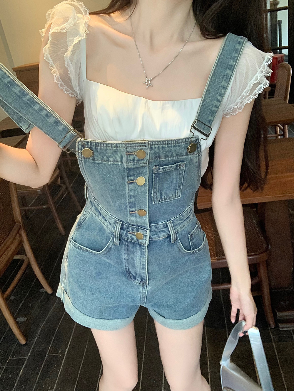 Curled Single-breasted Denim Belt Pants Women's Summer 2024 Korean Style New High Waist Slimming Straight One-piece Short Pants